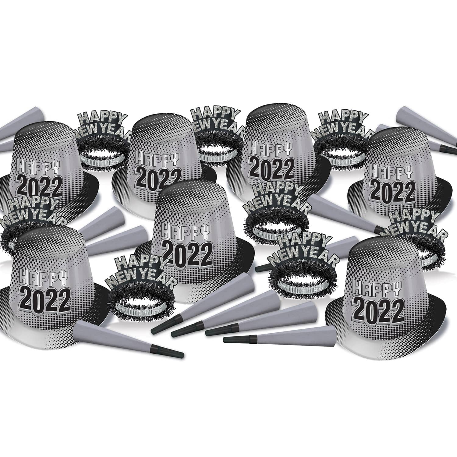 New Year "2022" Silver Assortment for 50  New Year "2022" Silver Assortment for 50 , 2022, bright color, silver, b, new years eve, party kit, hat, tiara, horn, wholesale, inexpensive, bulk, party favor
