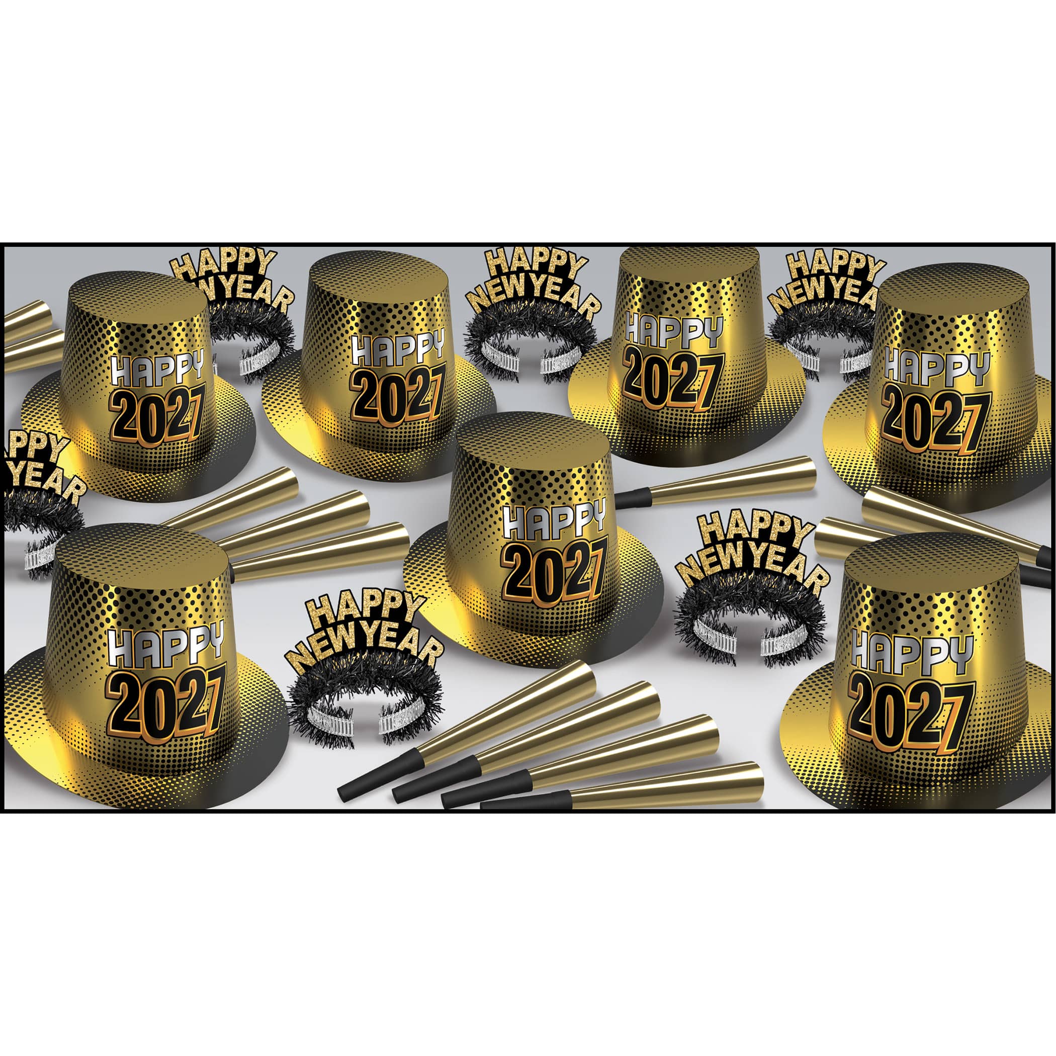 New Year "2027" Gold Asst for 50 New Year 2027 party kit, gold New Year assortment, Happy 2027 hats and tiaras, New Year’s Eve horns, black and gold NYE supplies, party favors for 50, New Year’s Eve decorations