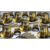 New Year "2027" Gold Asst for 50 New Year 2027 party kit, gold New Year assortment, Happy 2027 hats and tiaras, New Year’s Eve horns, black and gold NYE supplies, party favors for 50, New Year’s Eve decorations