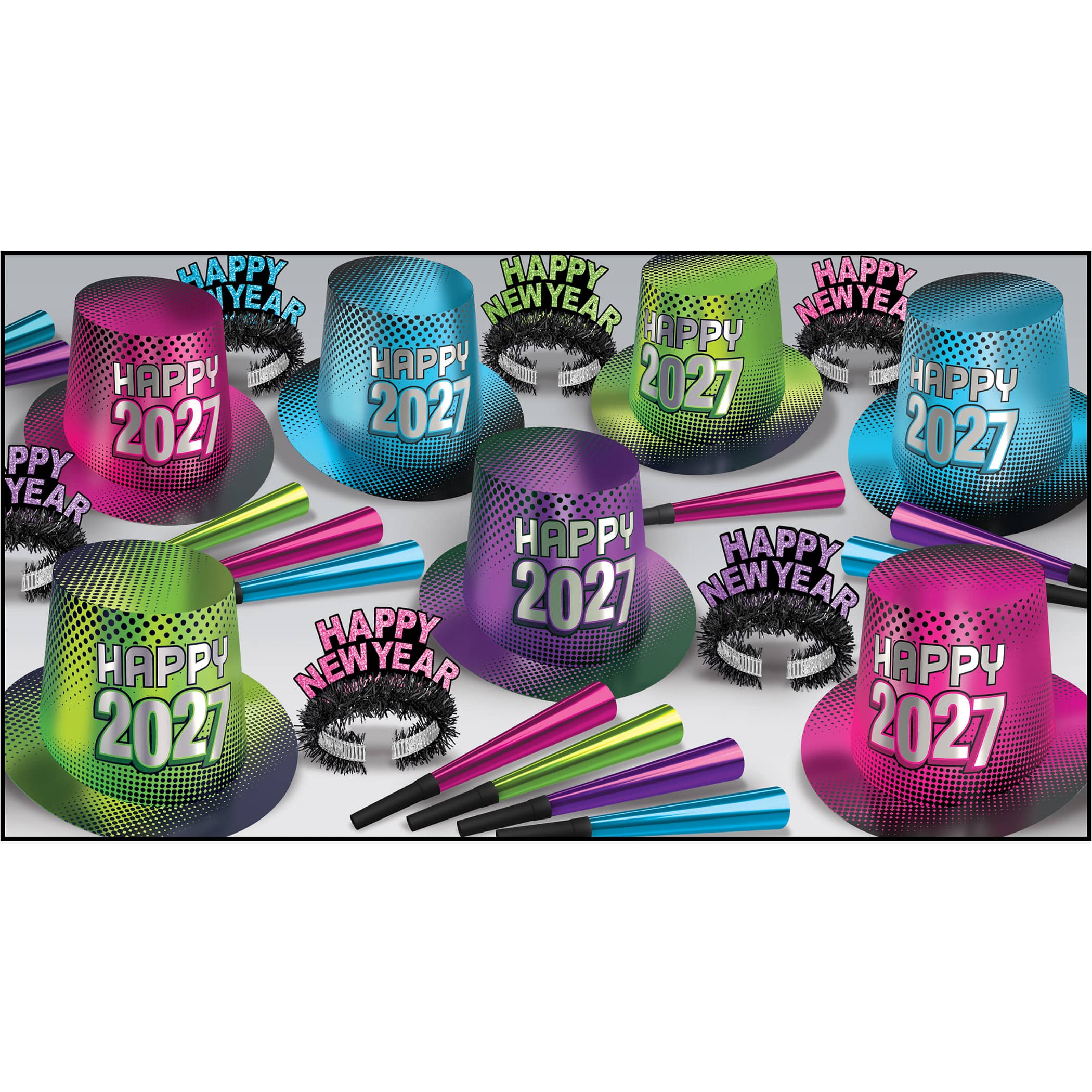 New Year "2027" Multi-Color Asst for 50 New Year 2027 party kit, multicolor New Year assortment, Happy 2027 hats and tiaras, New Year’s Eve horns, NYE multicolor supplies, party favors for 50, New Year’s Eve decorations