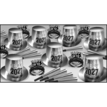New Year "2027" Silver Asst for 50 New Year 2027 party kit, silver New Year assortment, Happy 2027 hats and tiaras, New Year’s Eve horns, black and silver NYE supplies, party favors for 50, New Year’s Eve decorations