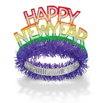Rainbow printed tiara with glitter for extra flare and purple fringe.