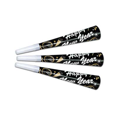 Black party horn with white "Happy New Year" and gold and silver accents. 