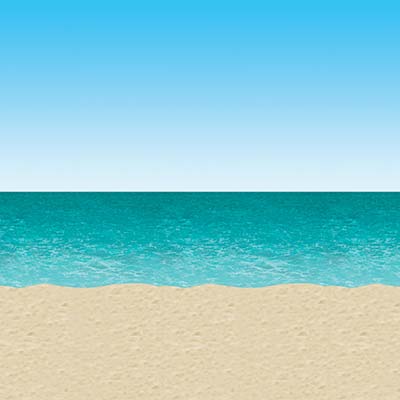 Plastic printed material that replicates the sand and ocean at the beach.
