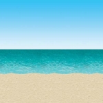 Plastic printed material that replicates the sand and ocean at the beach.