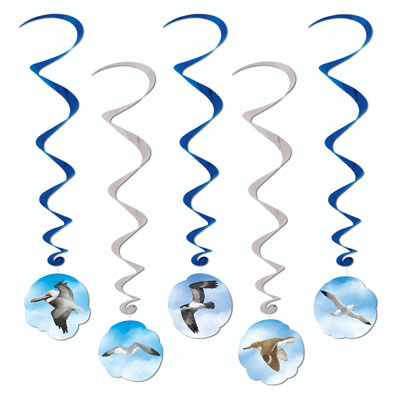 Blue and silver metallic whirls with bird icons attached.