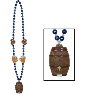 Small blue plastic beads with a beer mug and pretzel molded attached and a keg medallion.