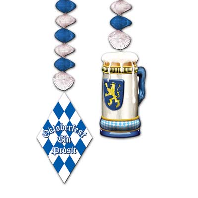 Silver and blue danglers with Oktoberfest icons attached to the bottom. 