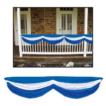 Fabric material bunting with a stripe of blue, white and then another blue.