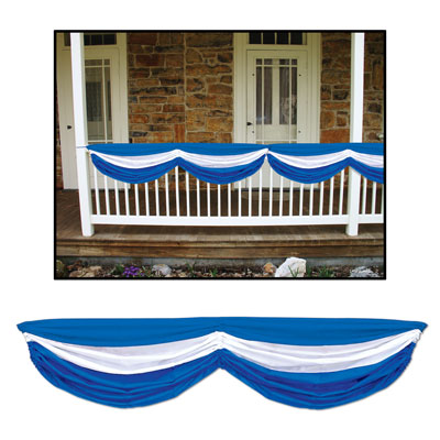 Fabric material bunting with a stripe of blue, white and then another blue.