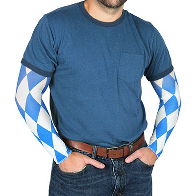Party sleeves printed in white and blue diamond shapes for an Oktoberfest event.