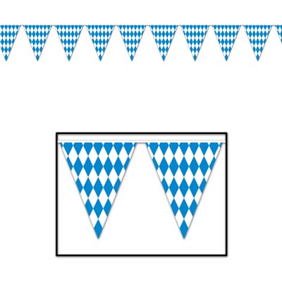 Banner with pennants printed in blue and white diamonds.