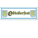 Plastic printed banner with "Oktoberfest" printed in traditional colors with bavarian lions on both sides.
