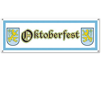 Plastic printed banner with "Oktoberfest" printed in traditional colors with bavarian lions on both sides.