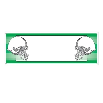 Banner with opposing helmets with a personalized center in white.