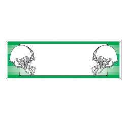 Banner with opposing helmets with a personalized center in white.