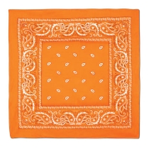 Traditional orange bandana with white print.