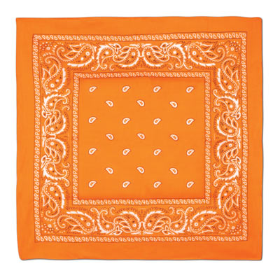 Traditional orange bandana with white print.