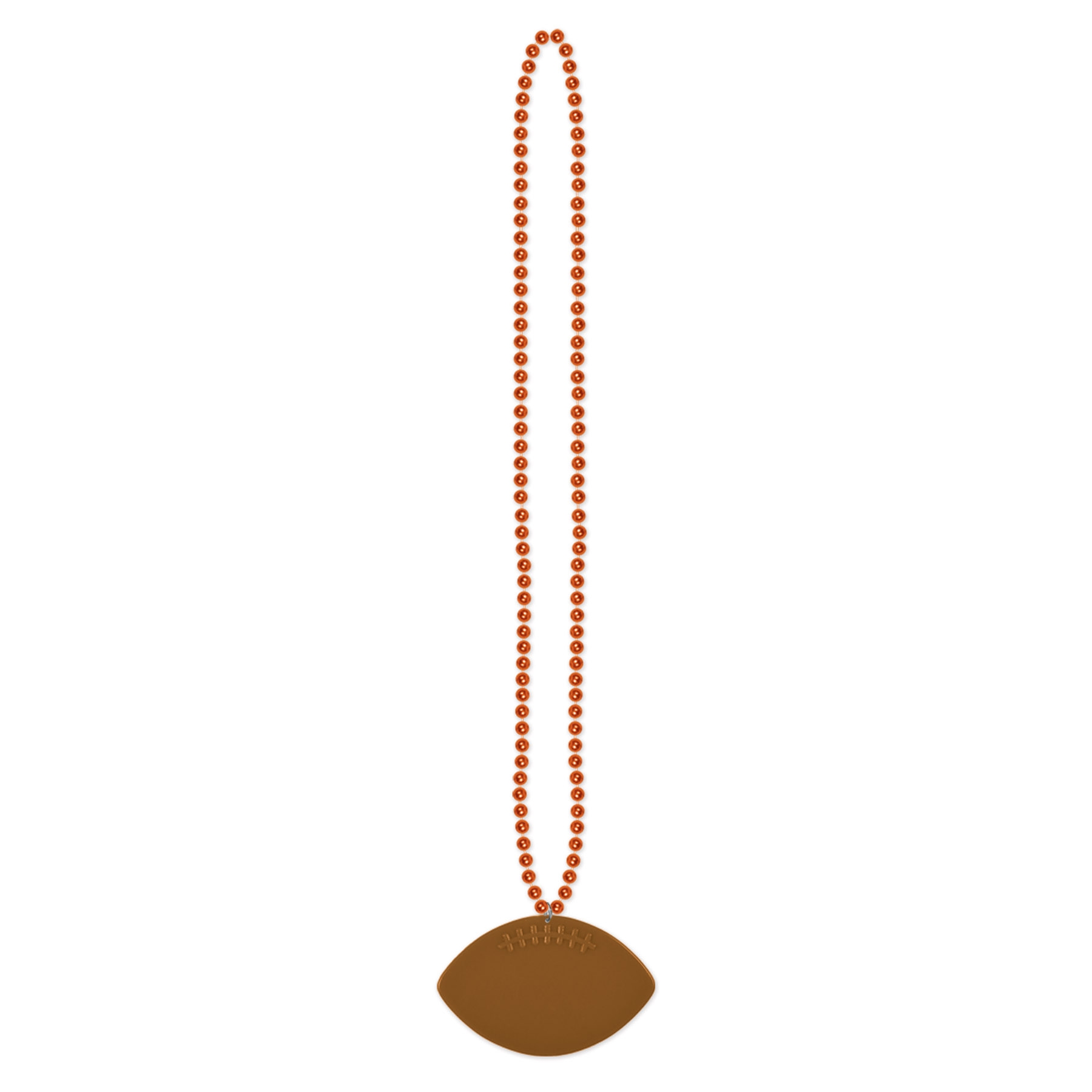 Orange small round beads with football medallion attached.