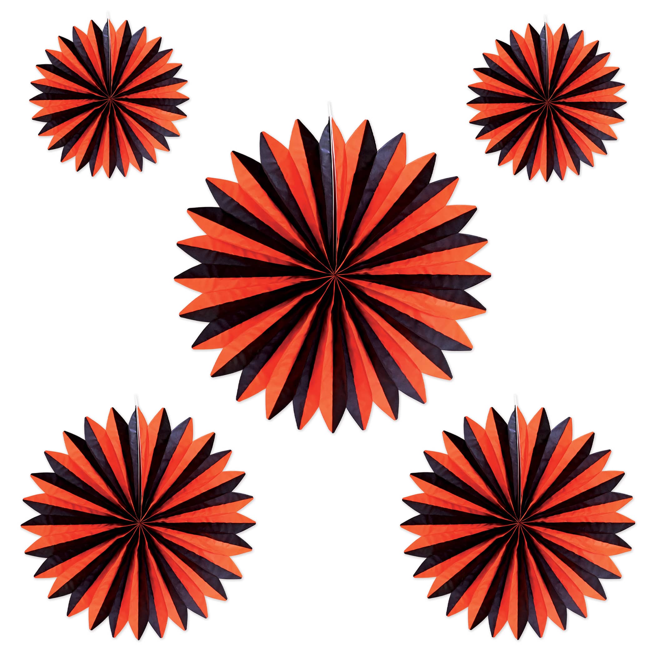 Orange & Black Accordion Paper Fans (Pack of 60) orange black paper fans, accordion paper fans, hanging party fans, Halloween décor, fall party decorations, black orange decorations, Party Express paper fans