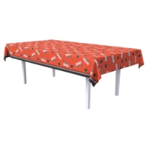 Orange Congrats Grad Tablecover (Pack of 12) orange graduation tablecover, congrats grad tablecover, plastic grad tablecloth, 54 x 108 tablecover, graduation cap tablecover, graduation party supplies, orange grad decorations, Party Express tablecovers, pack of 12 tablecovers