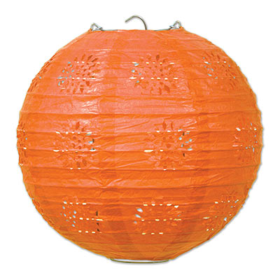 Lace patterned paper lantern that is orange in color.