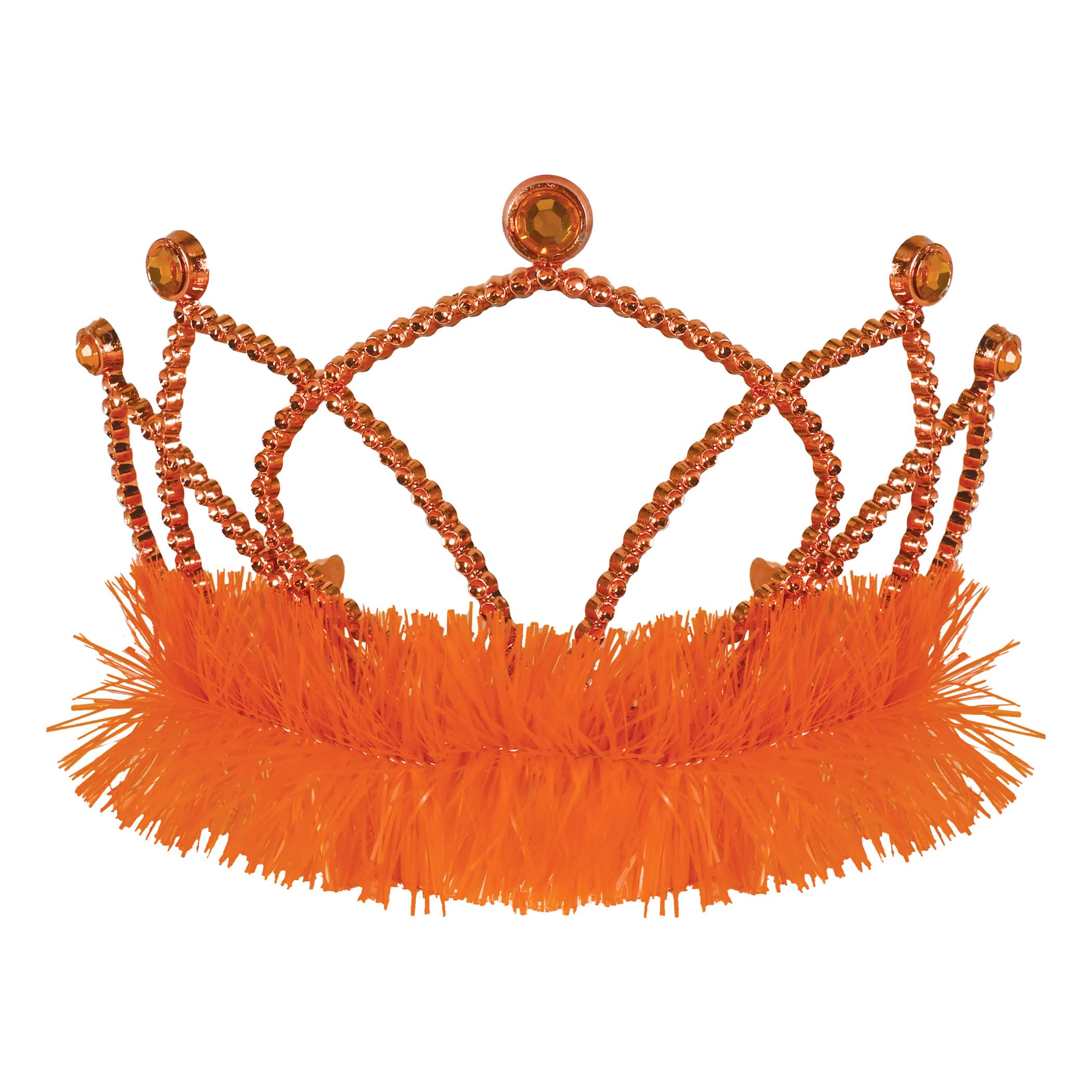 Orange Plastic Fringed Tiara (Pack of 12) orange plastic tiara, orange tiara party favors, tinsel fringe tiara, combs attached tiara, costume tiara, birthday tiara, kids party accessories, bulk tiaras, orange party decorations, Party Express tiaras