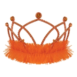 Orange Plastic Fringed Tiara (Pack of 12) orange plastic tiara, orange tiara party favors, tinsel fringe tiara, combs attached tiara, costume tiara, birthday tiara, kids party accessories, bulk tiaras, orange party decorations, Party Express tiaras