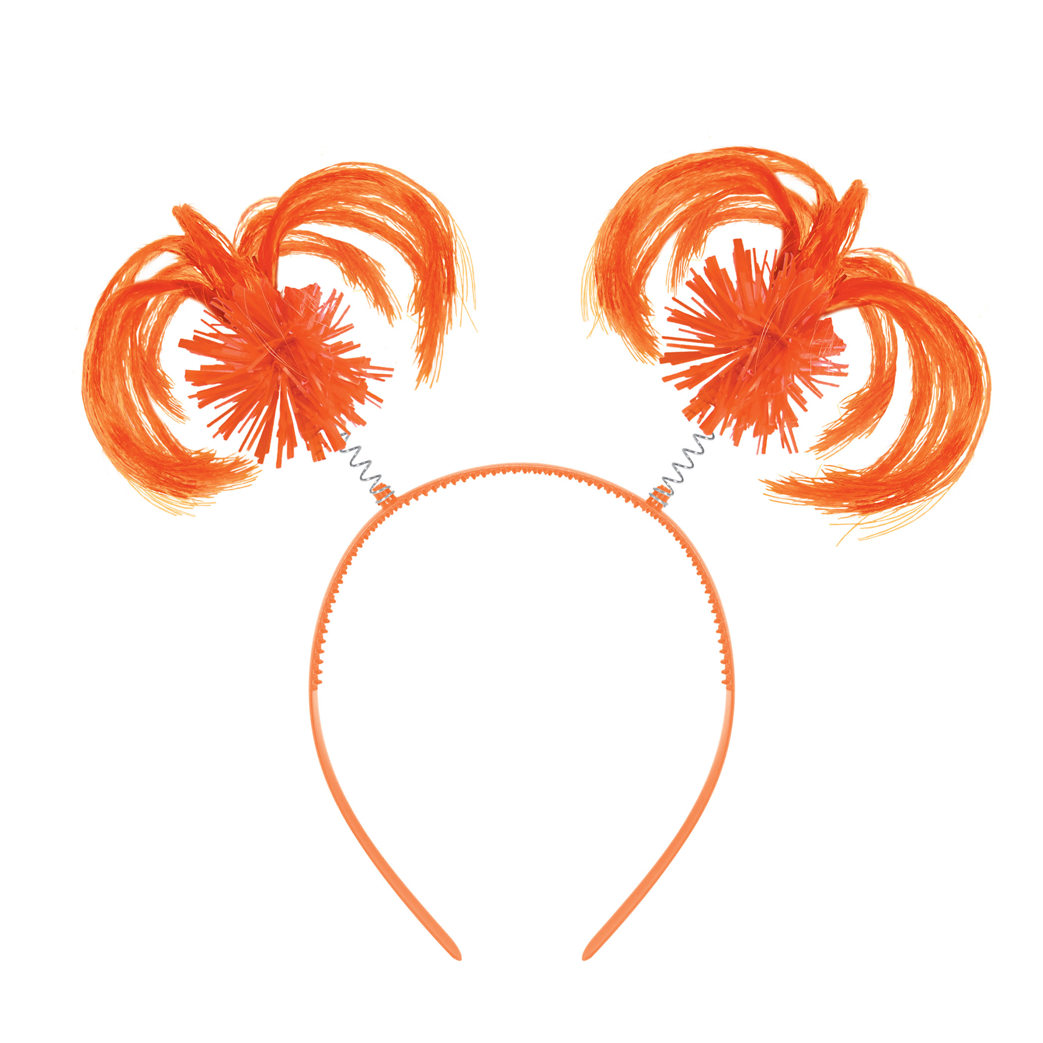 Orange Ponytail Boppers (Pack of 12) orange ponytail boppers, synthetic hair boppers, metallic fringe boppers, snap-on headband boppers, party headbands, spirit day accessories, cheer accessories, orange costume accessories, bulk party favors, Party Express boppers