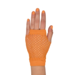Orange Short Fishnet Gloves (Pack of 12 Pairs) orange fishnet gloves, short fishnet gloves, 4 inch gloves, polyester fishnet gloves, 80s costume accessories, retro gloves, dance gloves, one size fits most gloves, Party Express gloves, pack of 12 gloves