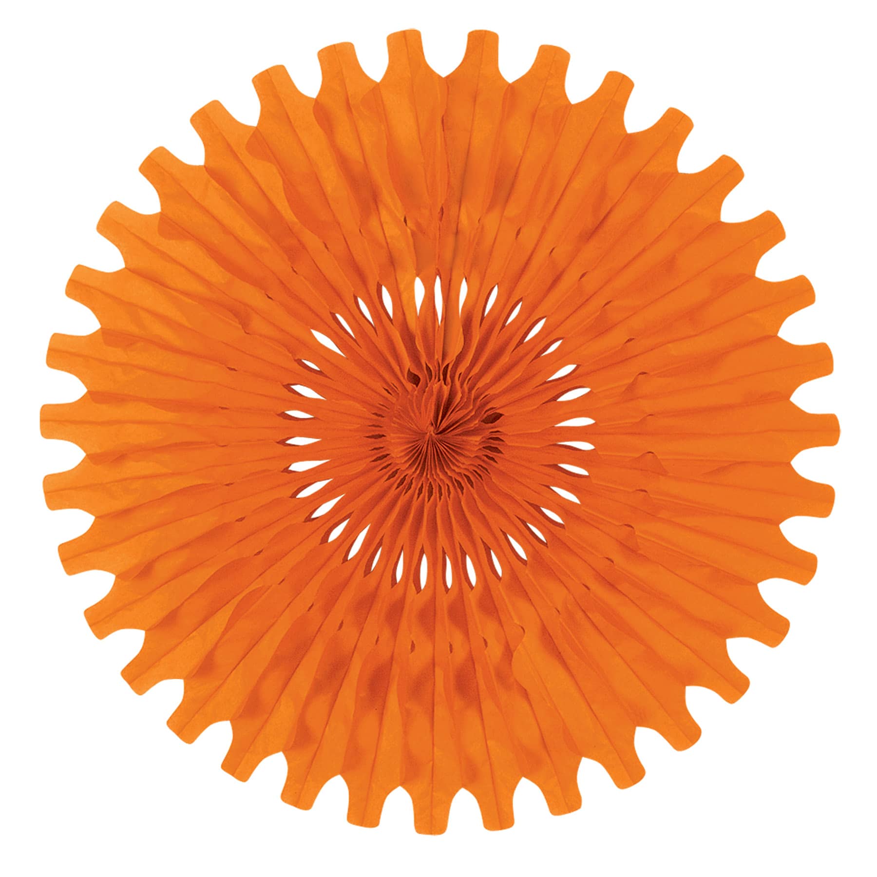 Orange Tissue Fan (Pack of 12) orange tissue fan, 25 inch tissue fan, orange party decorations, tissue paper fan, hanging party décor, Party Express tissue fan, orange wall décor, event backdrop decorations