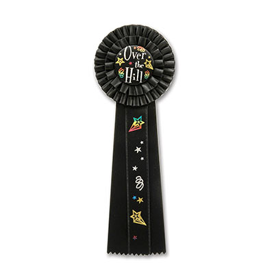 Over The Hill Deluxe Black Rosette with bold lettering and Multi colored shooting stars and designs 