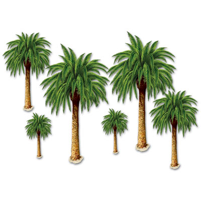 Printed palm trees in various sizes on thin plastic material cut to design.