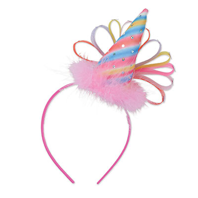 Pink head band with a plush birthday cone hat with multiple colors and accent pieces.