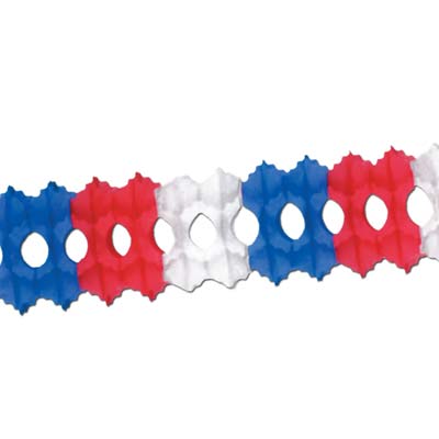 Patriotic Arcade Garland made of red, white and blue tissue material.