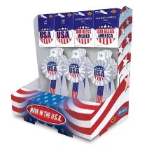 Patriotic Counter Display (Pack of 1) patriotic counter display, USA buttons, God Bless America buttons, patriotic rosettes, Fourth of July accessories, Memorial Day decorations, patriotic wearable items, Party Express patriotic display