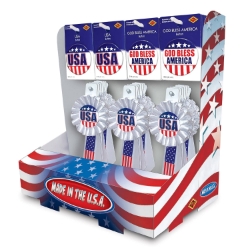 Patriotic Counter Display (Pack of 1) patriotic counter display, USA buttons, God Bless America buttons, patriotic rosettes, Fourth of July accessories, Memorial Day decorations, patriotic wearable items, Party Express patriotic display