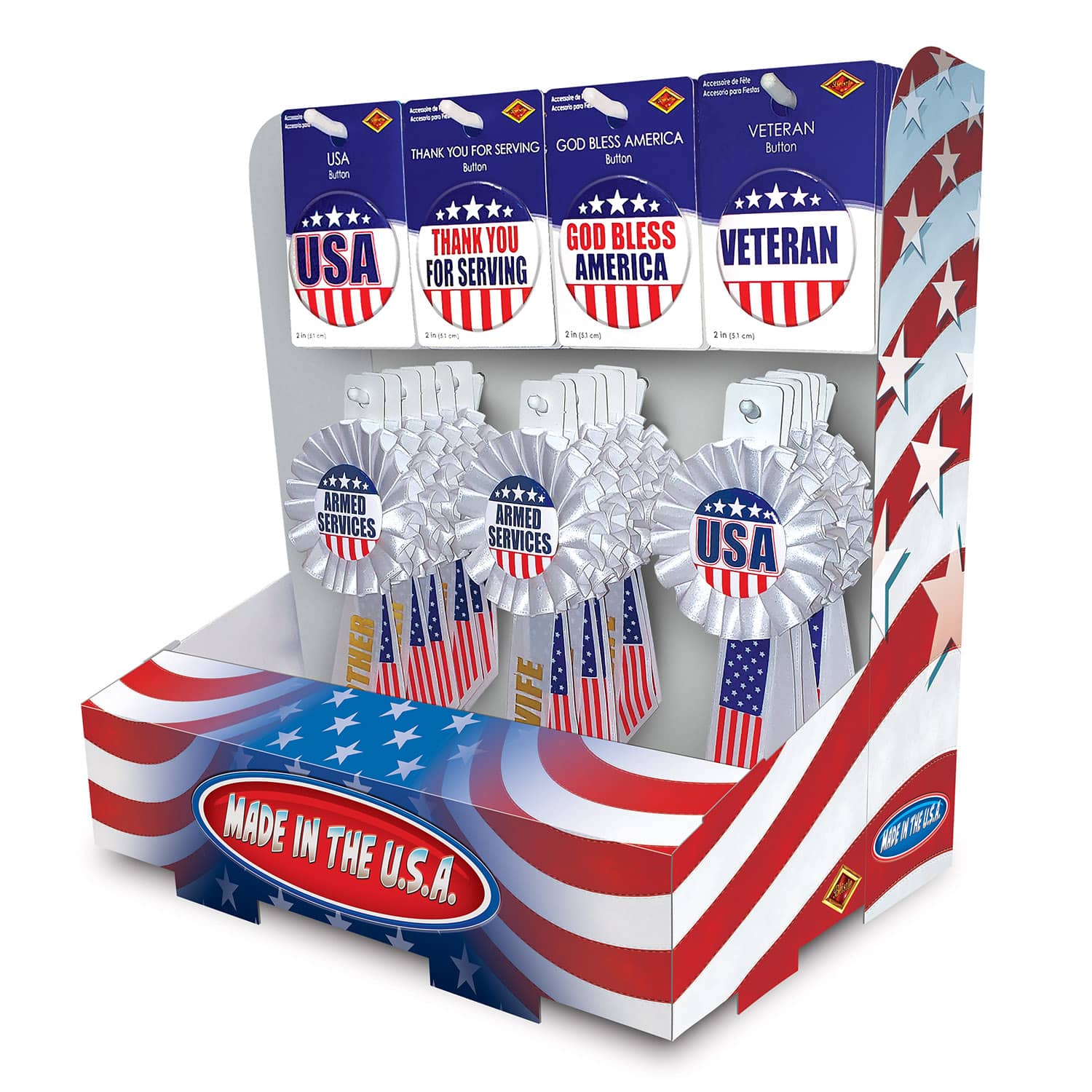 Patriotic Counter Display (Pack of 1) patriotic counter display, USA buttons, veteran buttons, thank you for serving buttons, God Bless America buttons, patriotic rosettes, military appreciation accessories, Fourth of July decorations, Memorial Day supplies, Party Express patriotic display
