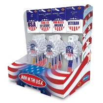 Patriotic Counter Display (Pack of 1) patriotic counter display, USA buttons, veteran buttons, thank you for serving buttons, God Bless America buttons, patriotic rosettes, military appreciation accessories, Fourth of July decorations, Memorial Day supplies, Party Express patriotic display
