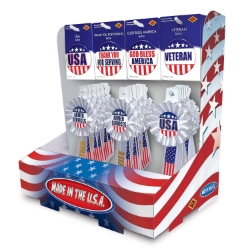 Patriotic Counter Display (Pack of 1) patriotic counter display, USA buttons, veteran buttons, thank you for serving buttons, God Bless America buttons, patriotic rosettes, military appreciation accessories, Fourth of July decorations, Memorial Day supplies, Party Express patriotic display