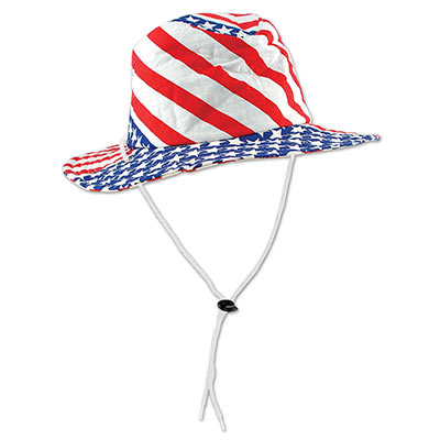 Hat printed with stars and stripes in red, white and blue with a chin strap.