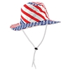 Hat printed with stars and stripes in red, white and blue with a chin strap.