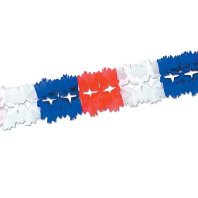 Patriotic Pageant Garland made of red, white and blue tissue material.