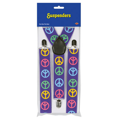 Peace sign printed suspenders with adjustable straps.