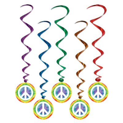 Assorted color metallic whirls with peace sign icons attached.