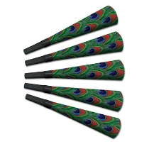 Party horns with a printed peacock feather look and a plastic black mouth piece. 