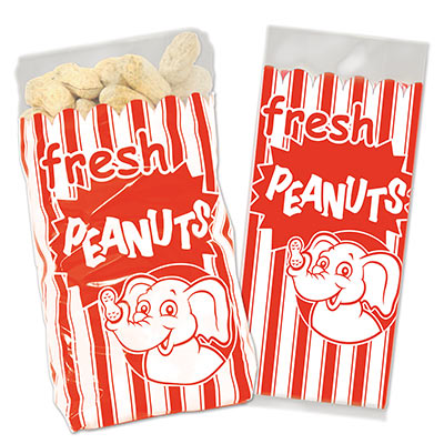 Peanut bags to replicate the fun bags at a carnival with the traditional red and white stripes and an elephant.