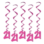 Pink "21" Whirls (Pack of 30) pink 21 whirls, 21st birthday pink décor, metallic pink hanging whirls, 3 foot party whirls, pink milestone decorations, 21 birthday party supplies, pink 21 icons, Party Express whirls