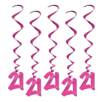 Pink "21" Whirls (Pack of 30) pink 21 whirls, 21st birthday pink décor, metallic pink hanging whirls, 3 foot party whirls, pink milestone decorations, 21 birthday party supplies, pink 21 icons, Party Express whirls