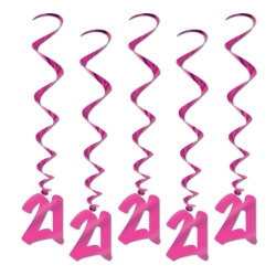 Pink "21" Whirls (Pack of 30) pink 21 whirls, 21st birthday pink décor, metallic pink hanging whirls, 3 foot party whirls, pink milestone decorations, 21 birthday party supplies, pink 21 icons, Party Express whirls
